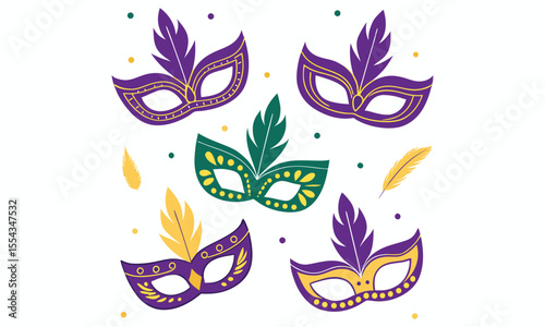 Collection of decorative mardi gras masks in purple green and gold with feathers and dots on a white background for festive celebrations and masquerade events