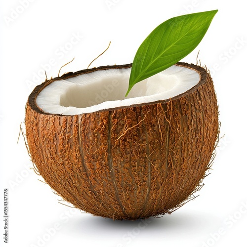 Halved Brown Coconut with Green Leaf on White Background