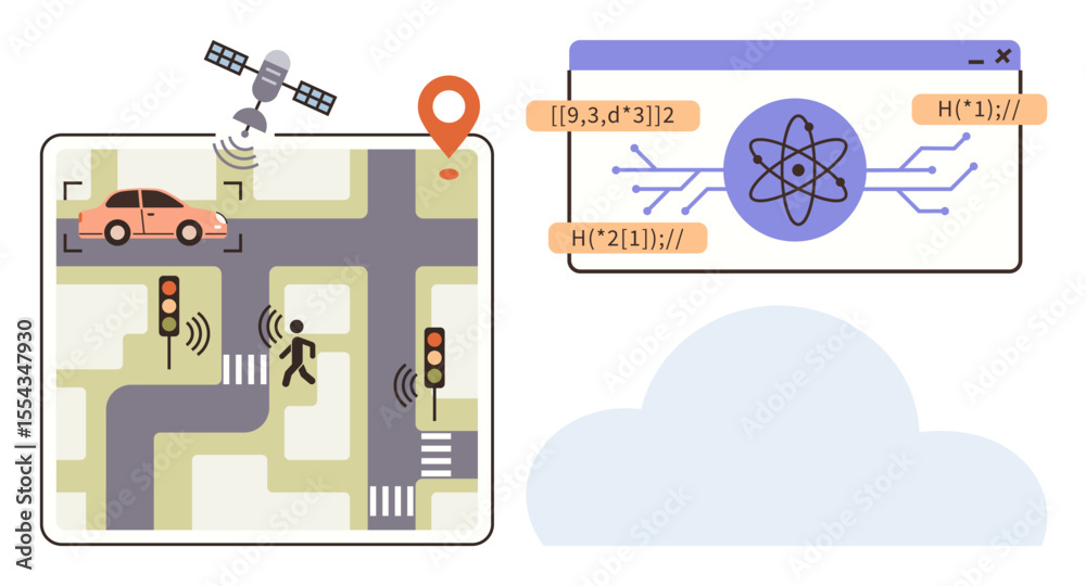 Obraz premium Car, pedestrian at traffic lights, satellite above, coding elements, cloud motif. Ideal for AI, smart city, automation, autonomous vehicles IoT applications traffic systems simple flat metaphor