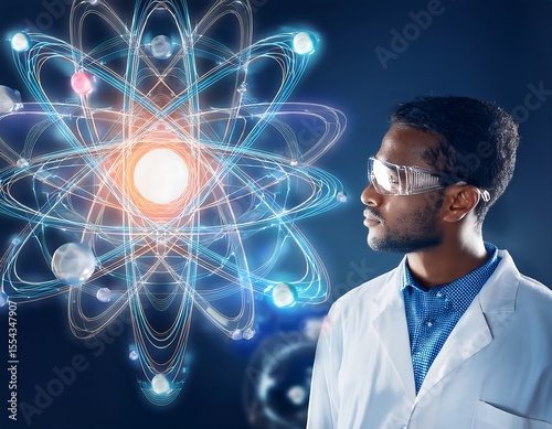 A young scientist wearing a lab coat and safety glasses thoughtfully observes a glowing, stylized atom model, representing scientific research, education, and the exploration of atomic structures.