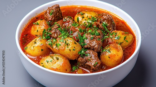 Hearty Beef and Potato Stew in a White Bowl