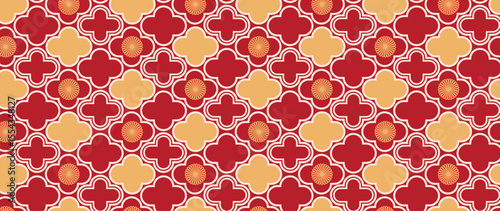 Happy Chinese new year pattern vector. Wallpaper with chinese flower pattern on red background. Modern luxury oriental illustration for cover, banner, website, decor, packaging.