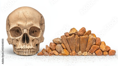Human Skull and Pile of Orange Brown Stones on White Background