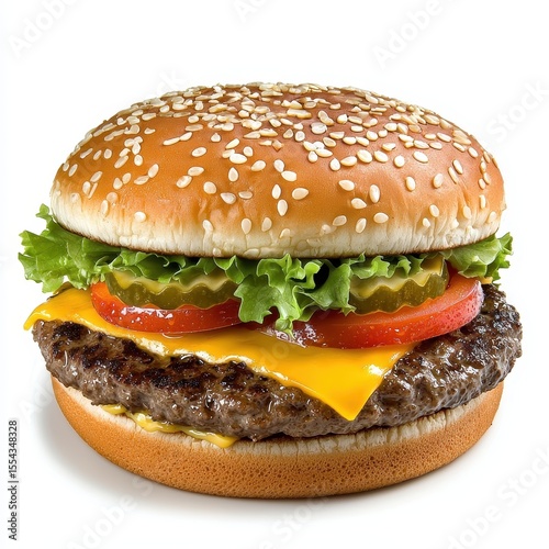 Juicy Cheeseburger with Sesame Bun, Lettuce, Tomato, and Pickles