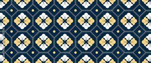 Happy Chinese new year pattern vector. Wallpaper with chinese flower pattern on navy blue background. Modern luxury oriental illustration for cover, banner, website, decor, packaging.