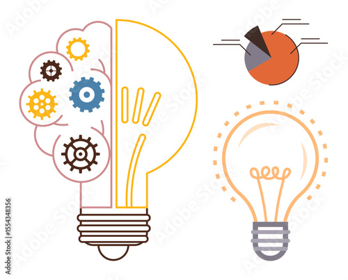 Brain half with gears and light bulb, accompanied by pie chart highlights creativity, problem-solving, and strategic thinking. Ideal for innovation, technology, business, planning, teamwork