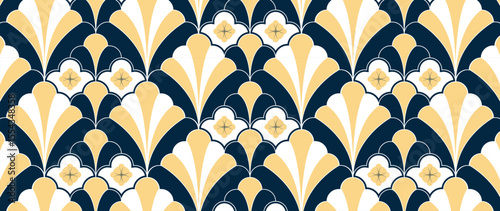 Happy Chinese new year pattern vector. Wallpaper with chinese flower and wave pattern on navy blue background. Modern luxury oriental illustration for cover, banner, website, decor, packaging.