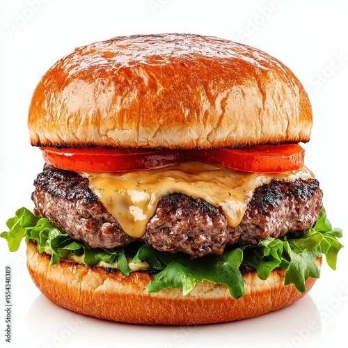 Juicy Grilled Beef Cheeseburger with Melted Cheese Lettuce and Tomato on Toasted Bun