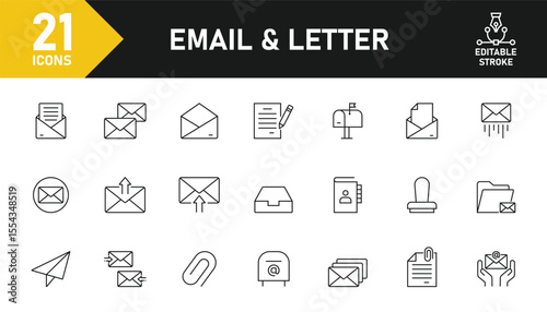 Email and Letter line icon set. Set of 21 outline icons related to E-mail, email, send, receive, notice, message, envelope, inbox and others. Editable stroke. Vector illustration.