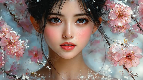Portrait of a young woman with dark hair and pink cheeks, surrounded by delicate pink cherry blossoms.