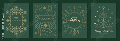 Luxury christmas invitation card art deco design vector. Christmas tree, bauble ball, snowflake, reindeer line art on green background. Design illustration for cover, poster, wallpaper.