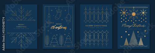 Luxury christmas invitation card art deco design vector. Christmas tree, bauble ball, snowflake, candle, sock line art on navy blue background. Design illustration for cover, poster, wallpaper.