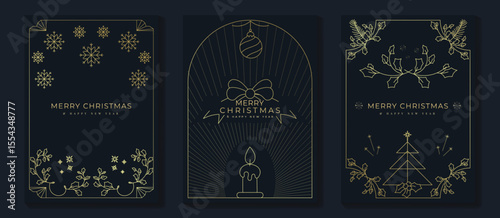 Luxury christmas invitation card art deco design vector. Christmas tree, bauble, snowflake, candle, ribbon, holly line art on navy blue background. Design illustration for cover, poster, wallpaper.