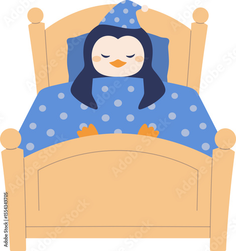 Cute Penguin Sleeping in Bed

