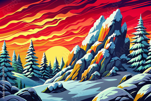 Vector cartoon of snowy winter hills and forest in gentle snowfall, ideal for Christmas designs, hiking themes, and seasonal travel concepts