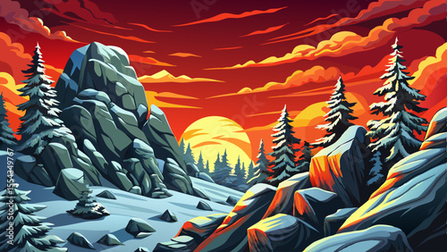 Vector cartoon of snowy winter hills and forest in gentle snowfall, ideal for Christmas designs, hiking themes, and seasonal travel concepts