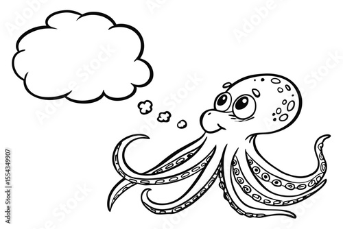 Cartoon octopus with a thought bubble isolated on white background