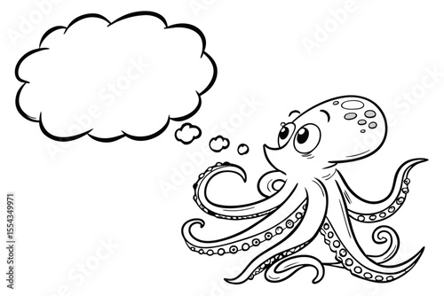 Cartoon octopus with a thought bubble isolated on white background