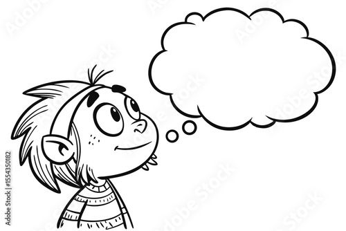 Cartoon boy with a thought bubble isolated on white background