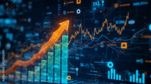 Digital financial analysis, business growth, finance, investment concept. Uptrend chart with arrows. Company growth, market success, revenue profit, economic forecast, business. 4k video