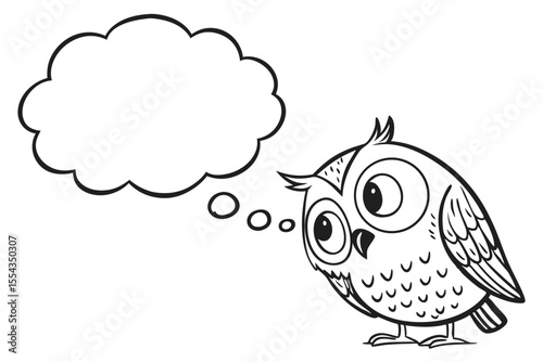 A cartoon owl looks up at a thought bubble isolated on white background