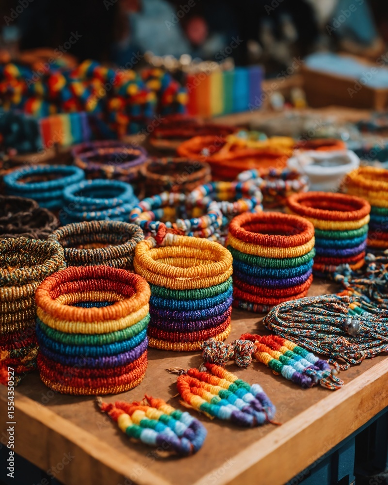 Fototapeta premium Handmade rainbow bracelets for pride – LGBTQ jewelry on artisan market table