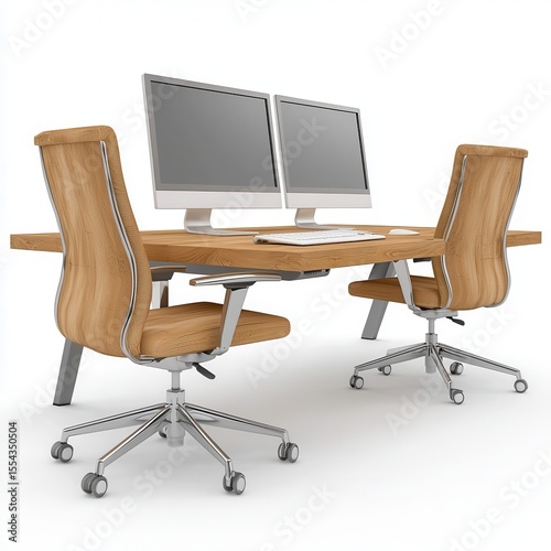 Modern Office Workspace with Dual Monitors and Ergonomic Chairs