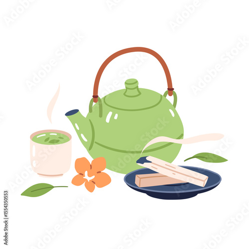 Composition of teapot, cup and incense. Hand drawn vector illustration for wellness branding, aromatherapy packaging and spa menu design.
