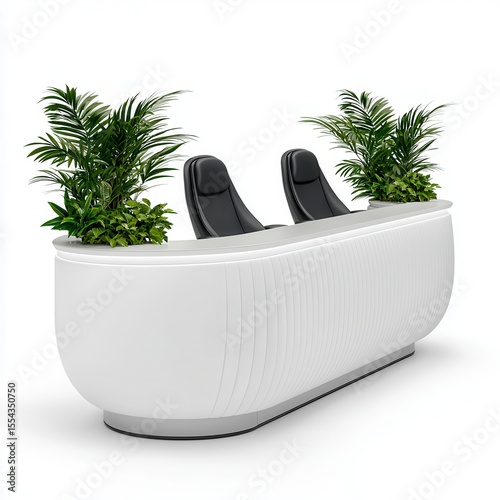 Modern White Reception Desk with Black Chairs and Palm Plants