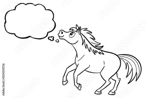 A cartoon horse with a blank thought bubble isolated on white background in a simple black and white line drawing style