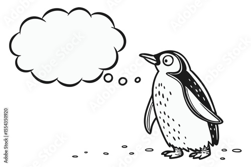 Cartoon penguin standing with a thought bubble isolated on white background