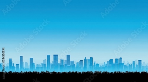 Foggy urban skyline with silhouettes against a blue sky showcasing modern architecture and city life atmosphere