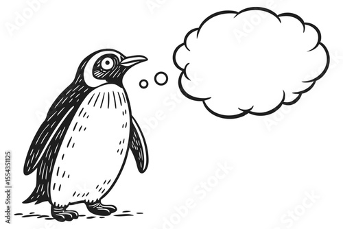 Cartoon penguin with a speech bubble isolated on white background in a simple black and white drawing style