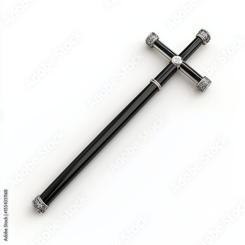 Ornate Black and Silver Ceremonial Cross Staff on White