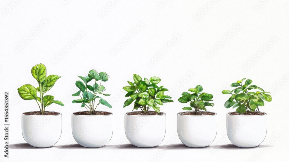 Fototapeta premium Row of potted indoor plants with decorative illustrations in a modern interior setting