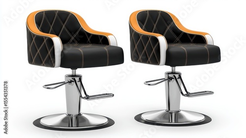 Pair of Black and Orange Barber Chairs with Diamond Pattern Upholstery
