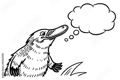 Cartoon platypus with a thought bubble isolated on white background