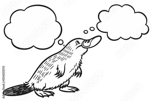 Cartoon platypus with two thought bubbles isolated on white background