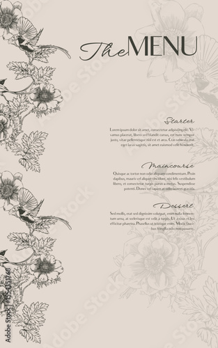 Hand Drawn Menu Template with Flycatcher Bird Surrounded by Anemone Flowers and Leaves