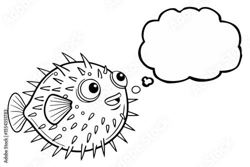 Cartoon pufferfish looking up at a thought bubble isolated on white background in a whimsical illustration