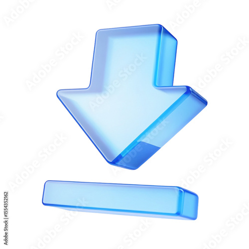 A glossy blue download arrow pointing down towards a horizontal bar on a black background created with generated ai