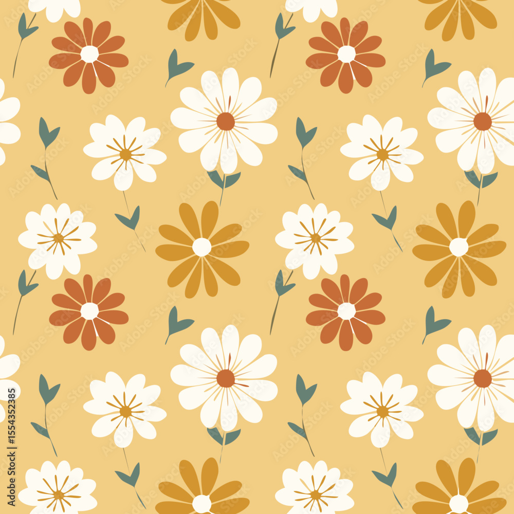 custom made wallpaper toronto digitalHand-drawn Floral Seamless Pattern with Daisies and Leaves – Vintage Botanical Design