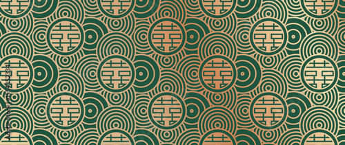 Happy Chinese new year pattern vector. Wallpaper with chinese flower pattern on green background. Modern luxury oriental illustration for cover, banner, website, decor, packaging.