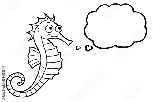 Cartoon seahorse with a thought bubble isolated on white background in a simple black and white illustration style