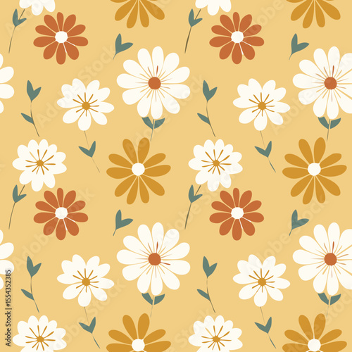 Wallpaper Mural Hand-drawn Floral Seamless Pattern with Daisies and Leaves – Vintage Botanical Design Torontodigital.ca