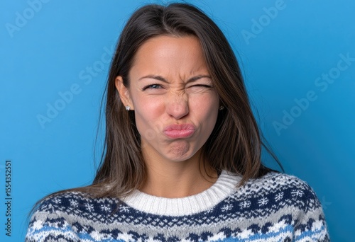 A woman with straight brown hair, wearing an ugly sweater and making the cute puckered lip pose.