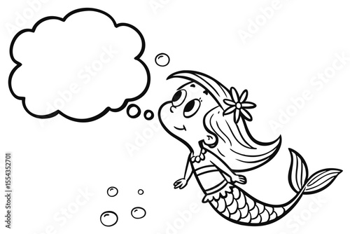 Cartoon mermaid with a flower in her hair swimming and thinking with a thought bubble isolated on white background