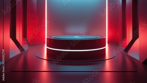 Red room interior featuring a round table with red walls and modern decor elements in a sleek design