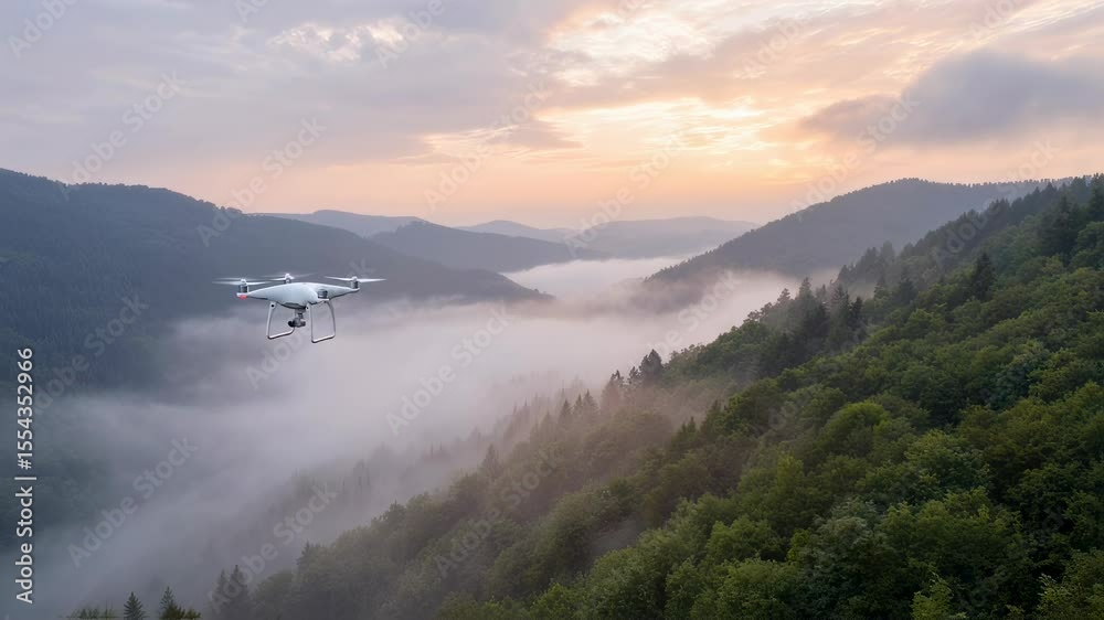 Aerial view of morning fog rolling through mountain valley at sunrise. Misty forest landscape with low clouds between hills. Nature wilderness scenic panorama concept