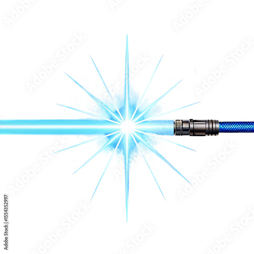 A digital rendering of a blue lightsaber with a bright starburst effect on a black background space created with generated ai